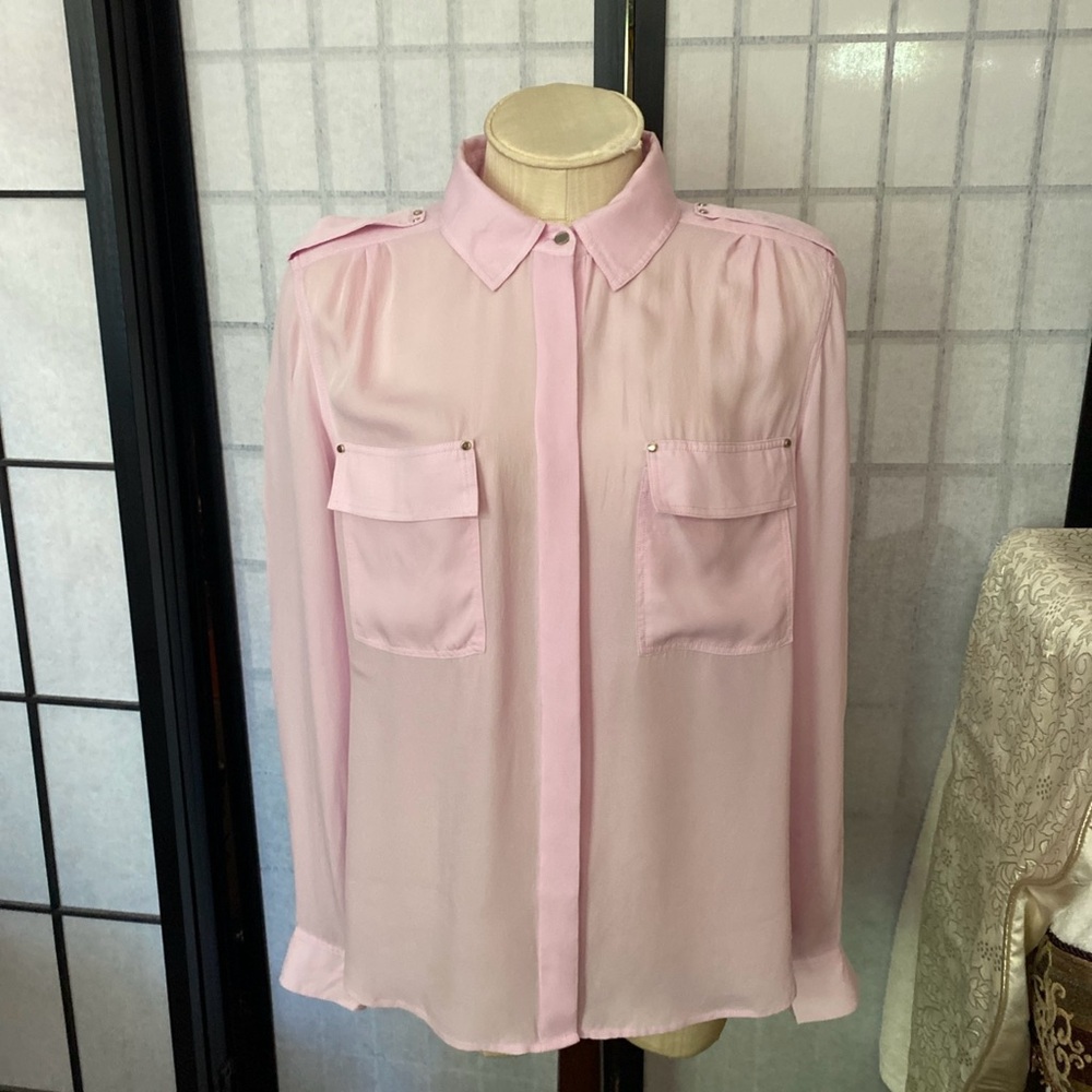 WhtHouse Black Mkt 14 Pink Silk Chiffon Hid Placket Blouse Epaulettes Silv Studs